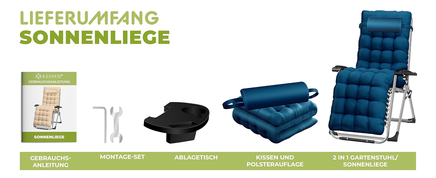 Крісло-шезлонг KESSER® для саду, розкладне, водостійке, 200 кг, широке, з регульованою спинкою, з подушкою та підстаканником (темно-синій)