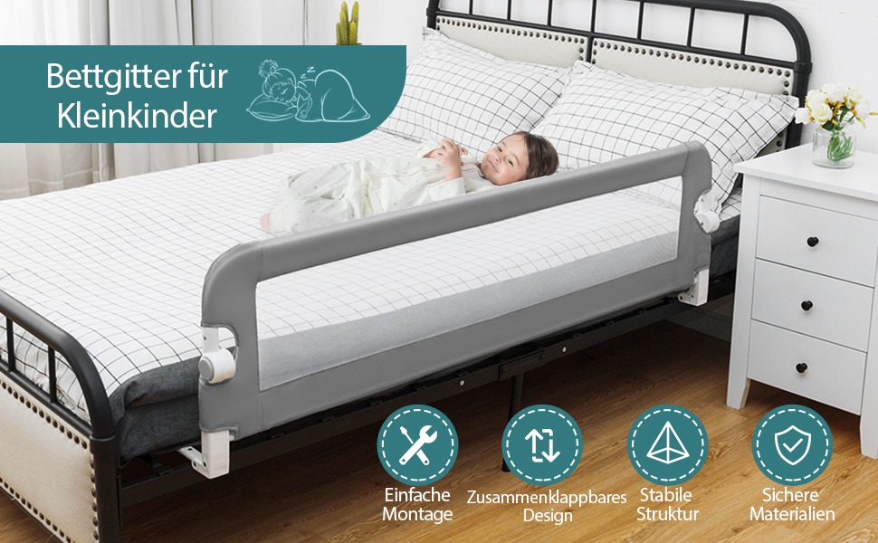 Бортик для ліжка COSTWAY складаний, захисний бар'єр для дитячого ліжка та батьківського ліжка 105x42 см (Сірий)