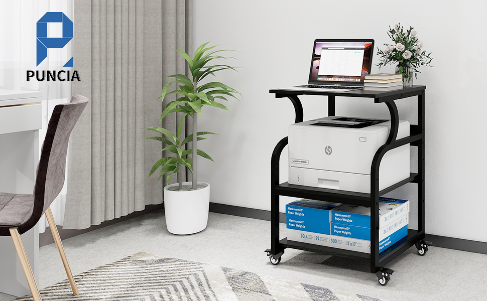 Регульований стіл для принтера PUNCIA з 3 полицями, з роликами, мобільний візок для принтера з дерева та металу, чорний (60 x 50 см)