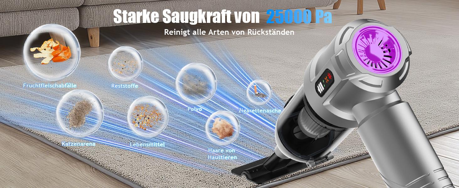 Акумуляторний ручний пилосмок 4 в 1, бездротовий портативний пилосос для авто та дому, 25000Па, з автоматичним очищенням та потужним всмоктуванням для шерсті тварин, сріблястий