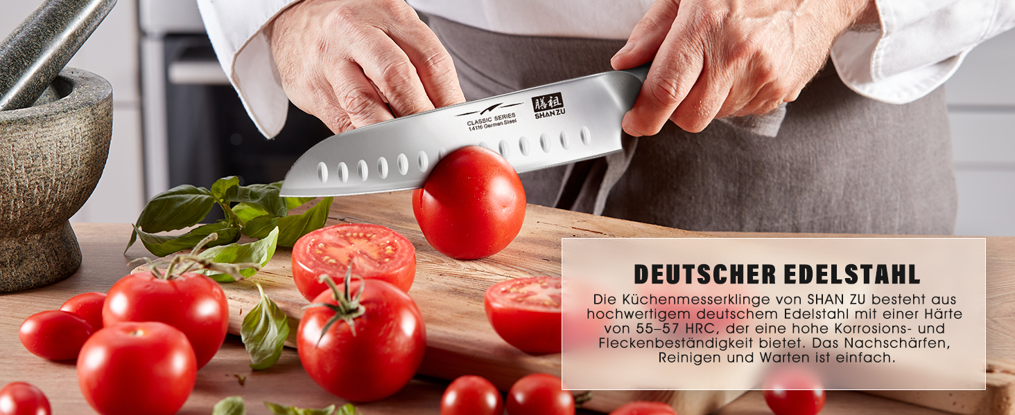 Ніж шеф-кухаря SHAN ZU Santoku: 18 см, нержавіюча сталь, ергономічна ручка, подарункова коробка