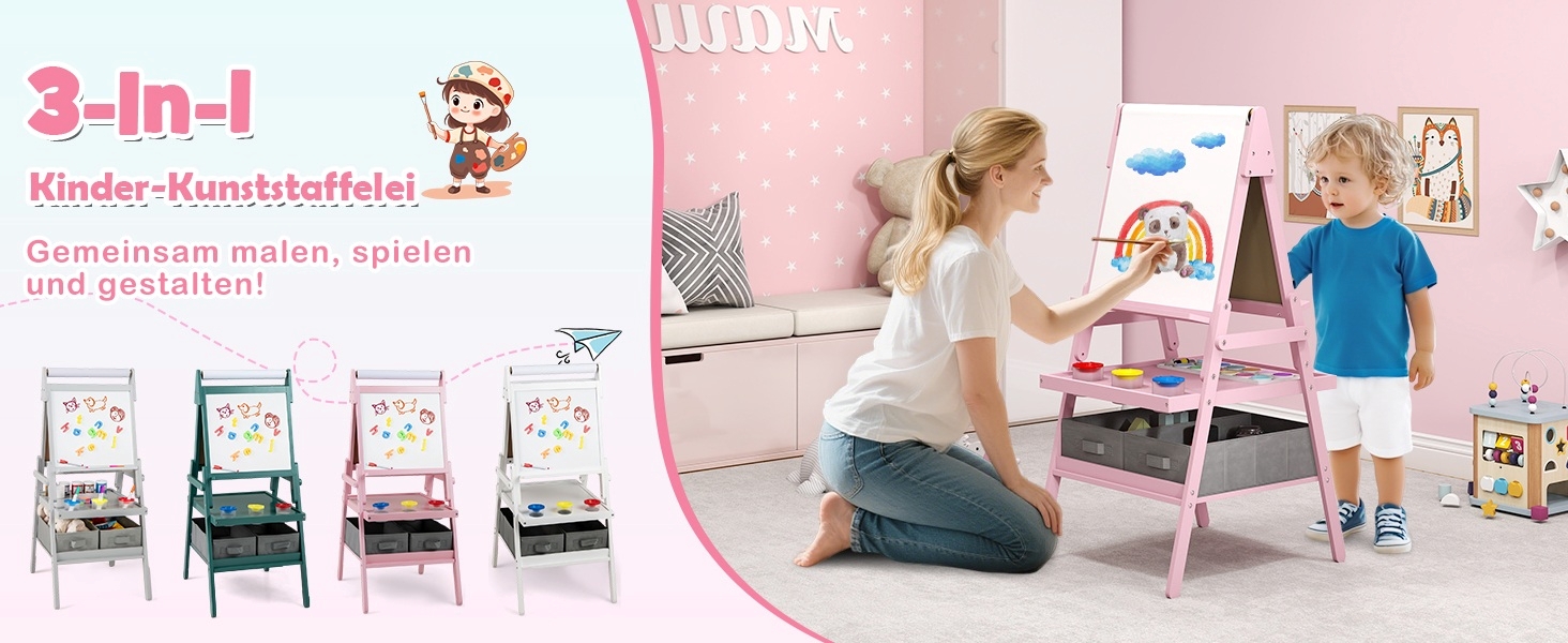 Дитяча мольберт DREAMADE 3 в 1 з магнітною дошкою, крейдою та рулоном паперу, для малювання та творчості, від 3 років (білий)