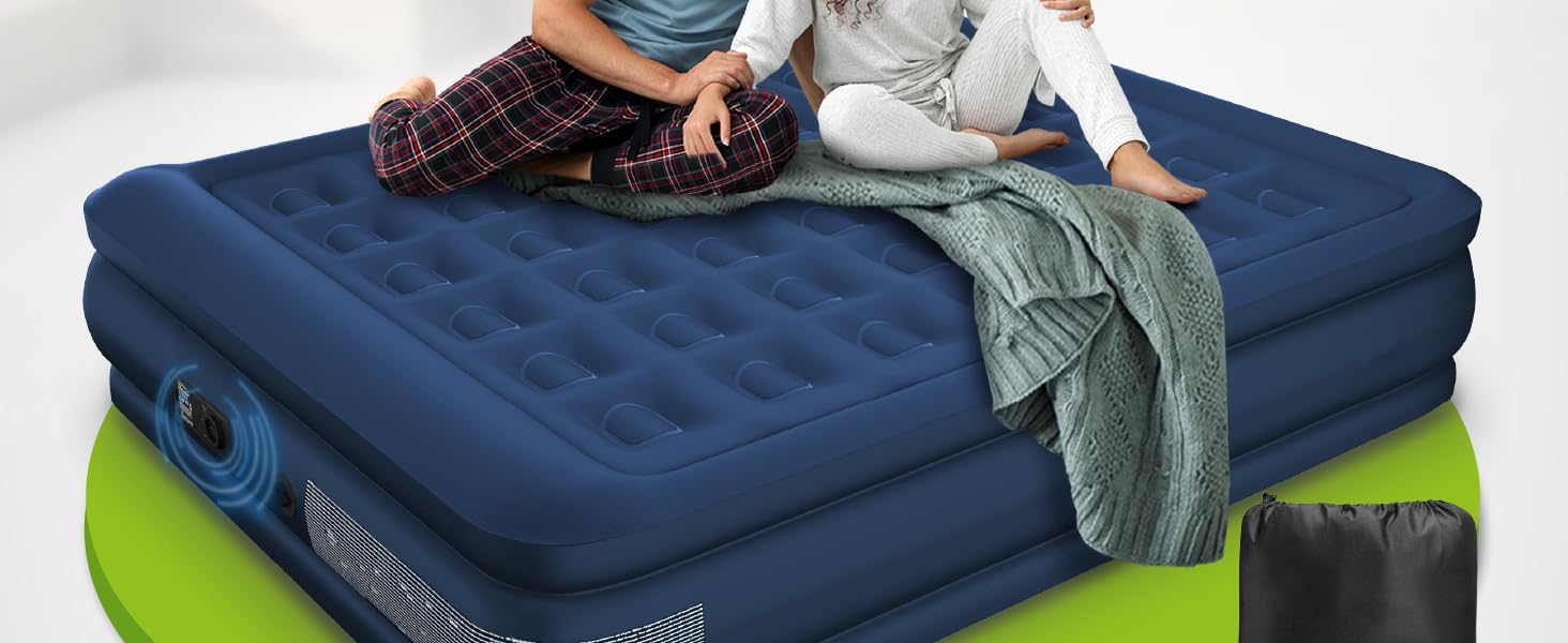 Надувний матрац Juskys самонадувний 150x200 см - двоспальний з вбудованим насосом - ідеально для гостей або кемпінгу - водонепроникний блакитний/білий (блакитний, двоспальний)