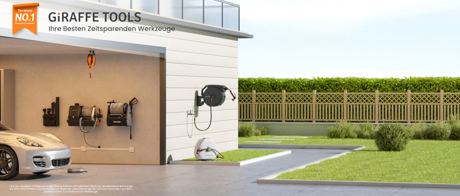 Спіральний шланг для поливу Giraffe Tools 35м + 2м з автоматичним підйомом, поворотний на 180°, з 7 насадками та під'єднувальним шлангом