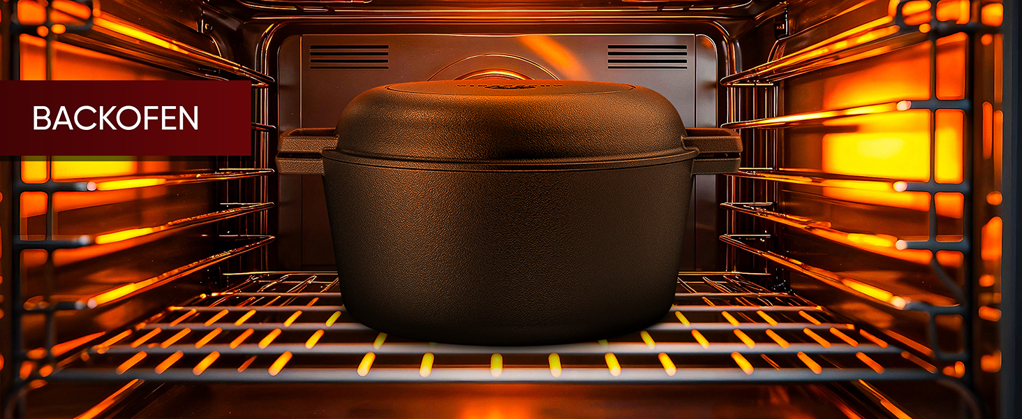 Голландська піч 2в1 з чавуну, 4.8л + сковорода з чавуну 1.8л - набір посуду для приготування, BBQ, кемпінгу та кухні. З кулінарною книгою та аксесуарами. 30 років гарантії. Чорний колір.