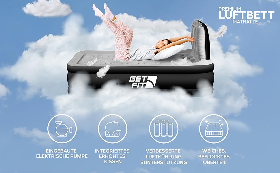 Надувне ліжко Get Fit з вбудованим електричним насосом - 99x196 см Premium Single Air Bed - Надувне ліжко з узголів'ям і безкоштовною надувною подушкою - Підняте надувне для кемпінгу односпальне - 99x196 см Чорний/Сірий