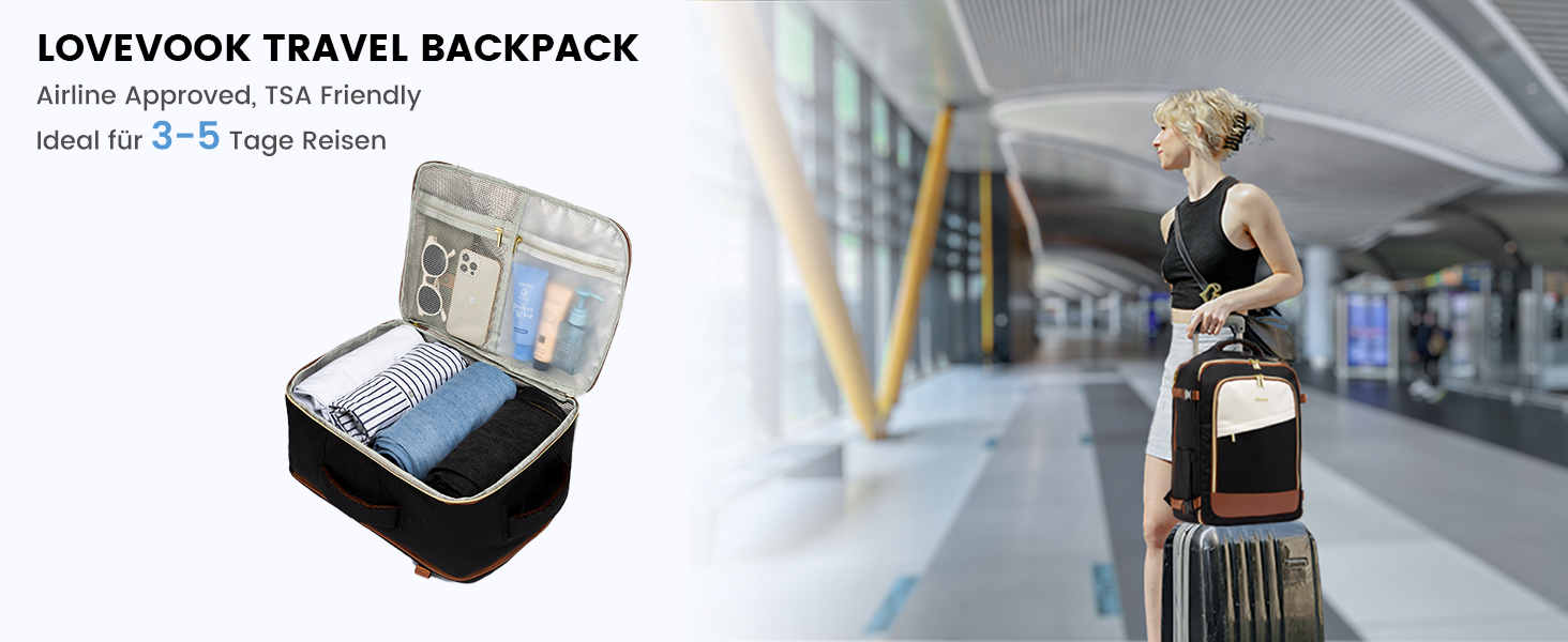 Рюкзак LOVEVOOK для ручної поклажі літака, жіночий водонепроникний рюкзак для подорожей з відділенням для взуття, 17-дюймовий рюкзак для ноутбука, 40L, 45x36x20, ручна поклажа, чорний + бежевий + каштановий
