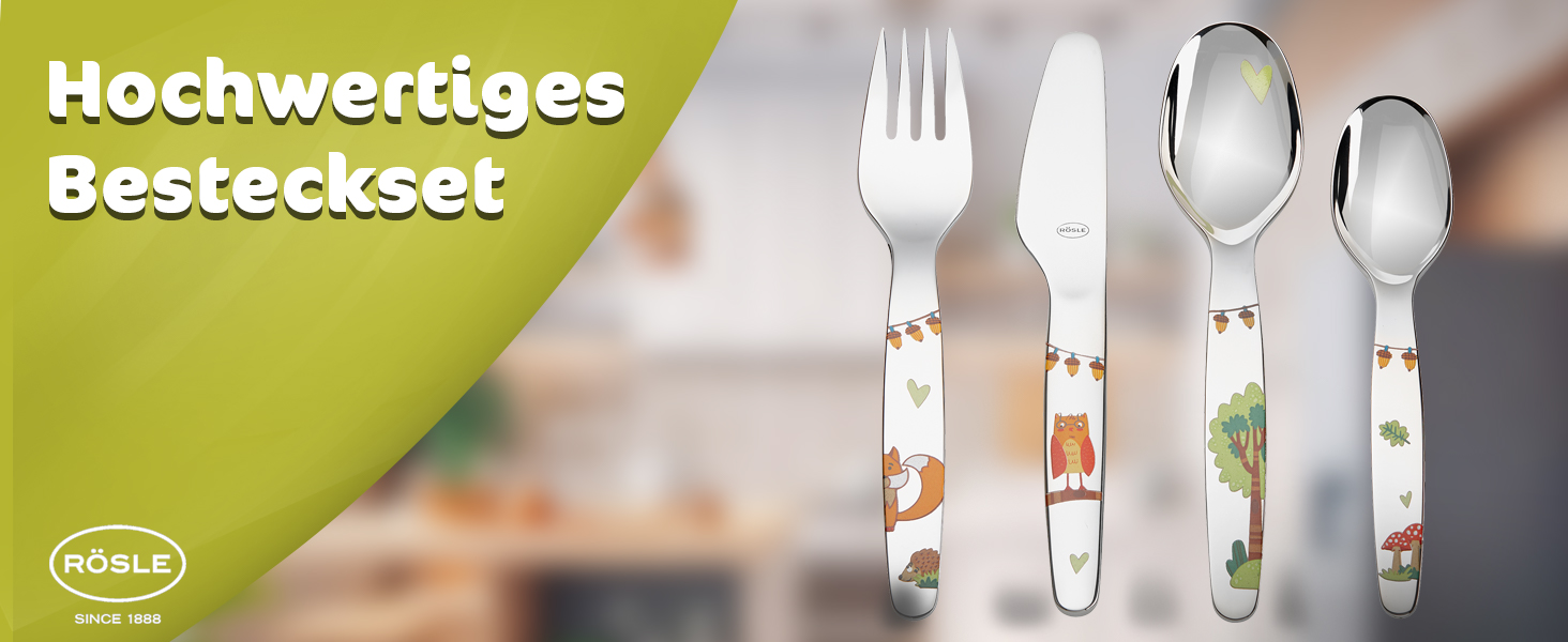 Дитячий набір столових приборів RÖSLE 'Waldfreunde' (4 шт.) з нержавіючої сталі 18/10, для дітей від 3 років, придатний для миття в посудомийній машині, чудовий подарунок на хрещення для хлопчиків та дівчаток