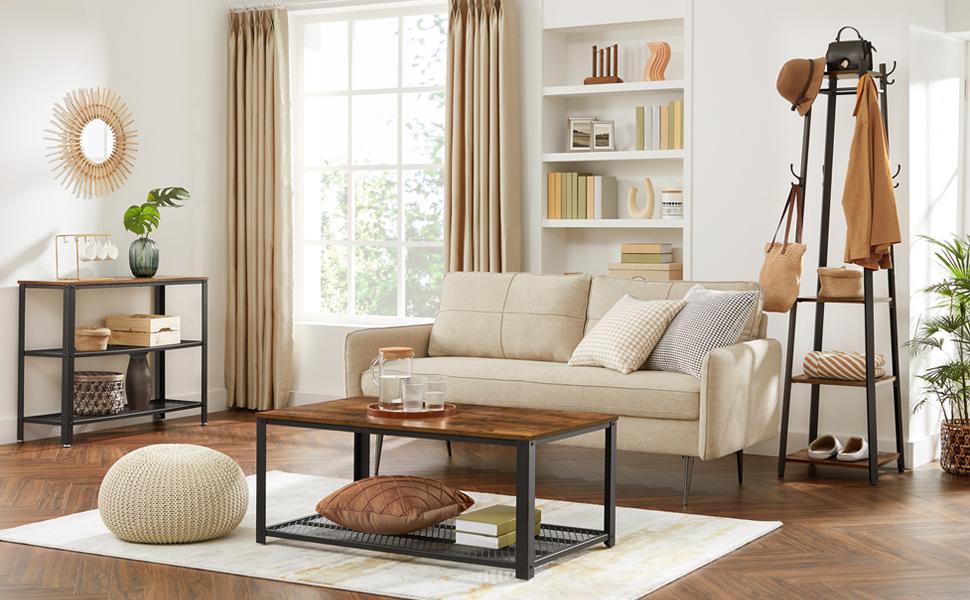 Стійка для одягу VASAGLE з 8 гачками, 4 полицями та перекладиною, металевий каркас, для шарів, курток, сумок, для прихожого, золотий дуб + білий (вінтажний коричневий + чорний)