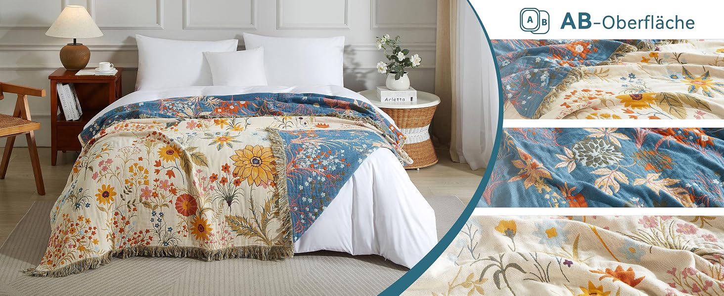 Покривало Bailix Premium Boho з 100% бавовни, двостороння муслінова ковдра з бахромою 150x200 см, декоративний плед для дивана та ліжка, синій/бежевий, принт Blumengarten