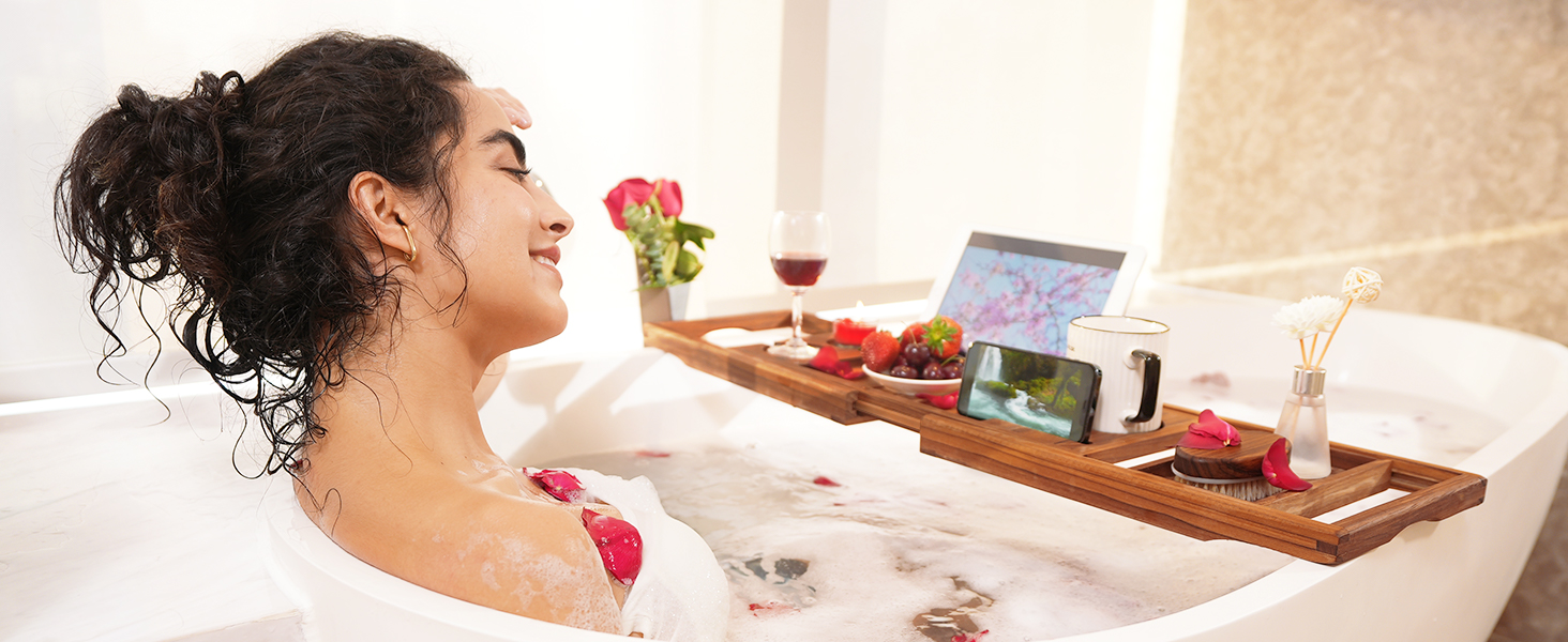 Підставка для ванни VaeFae з текового дерева, регульована, з тримачем для напоїв та книг, висувна, з безкоштовною тековою щіткою для тіла