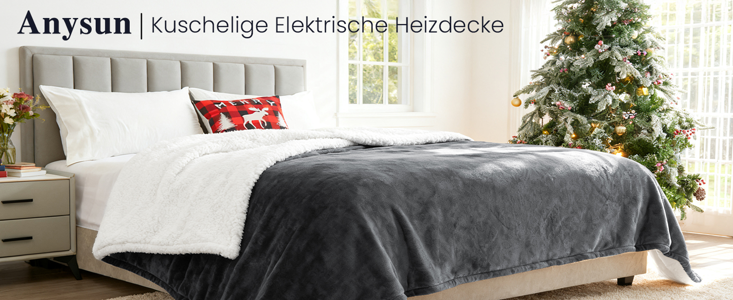 Електрична ковдра AnySun 200x180 см з автовимкненням, 6 рівнів нагріву, таймер 10 годин, захист від перегріву, сіра, для ліжка, дивану, машинне прання