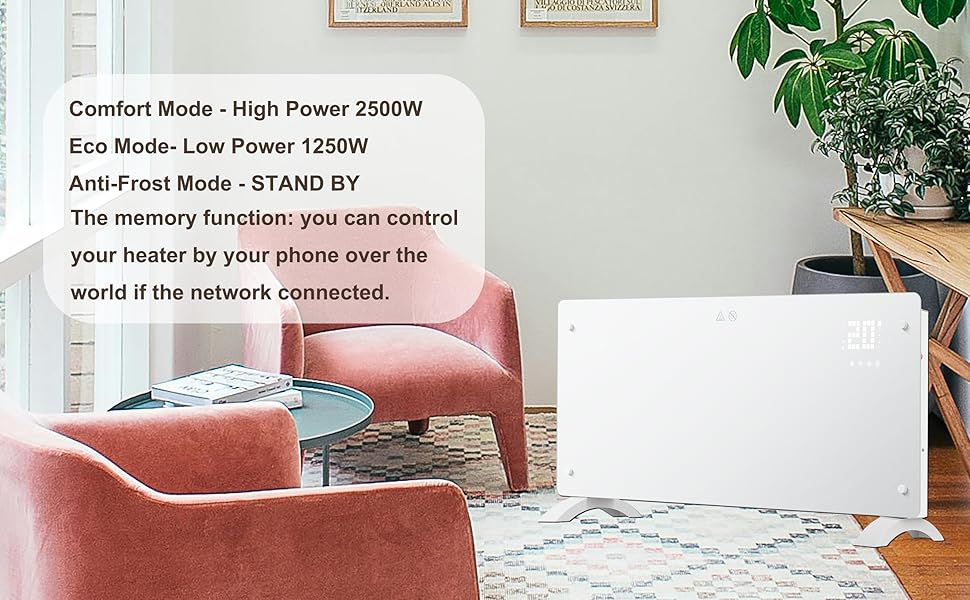 Конвектор DONYER POWER 2500W з Wi-Fi, 24H таймер, дистанційне керування, ультратонкий, настінний/підлоговий, білий
