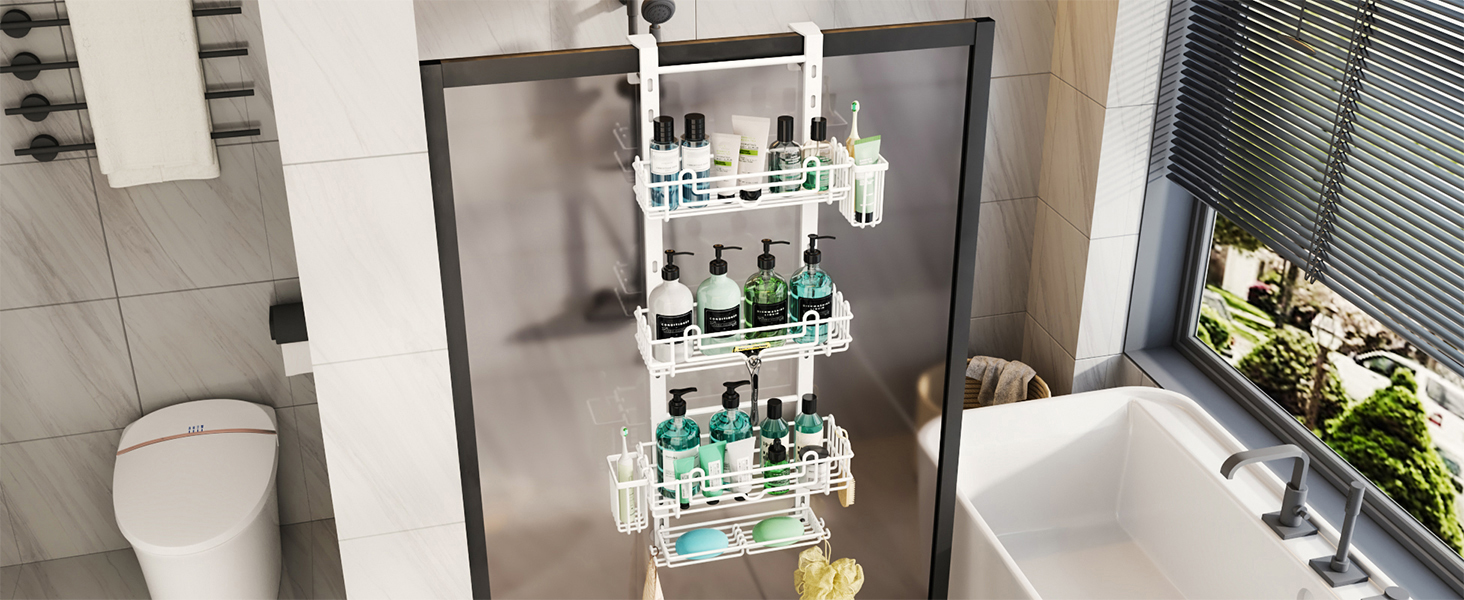 Настінна поличка для душу HapiRm з 22 гачками та 2 тримачами для зубних щіток - 4 яруси, білий