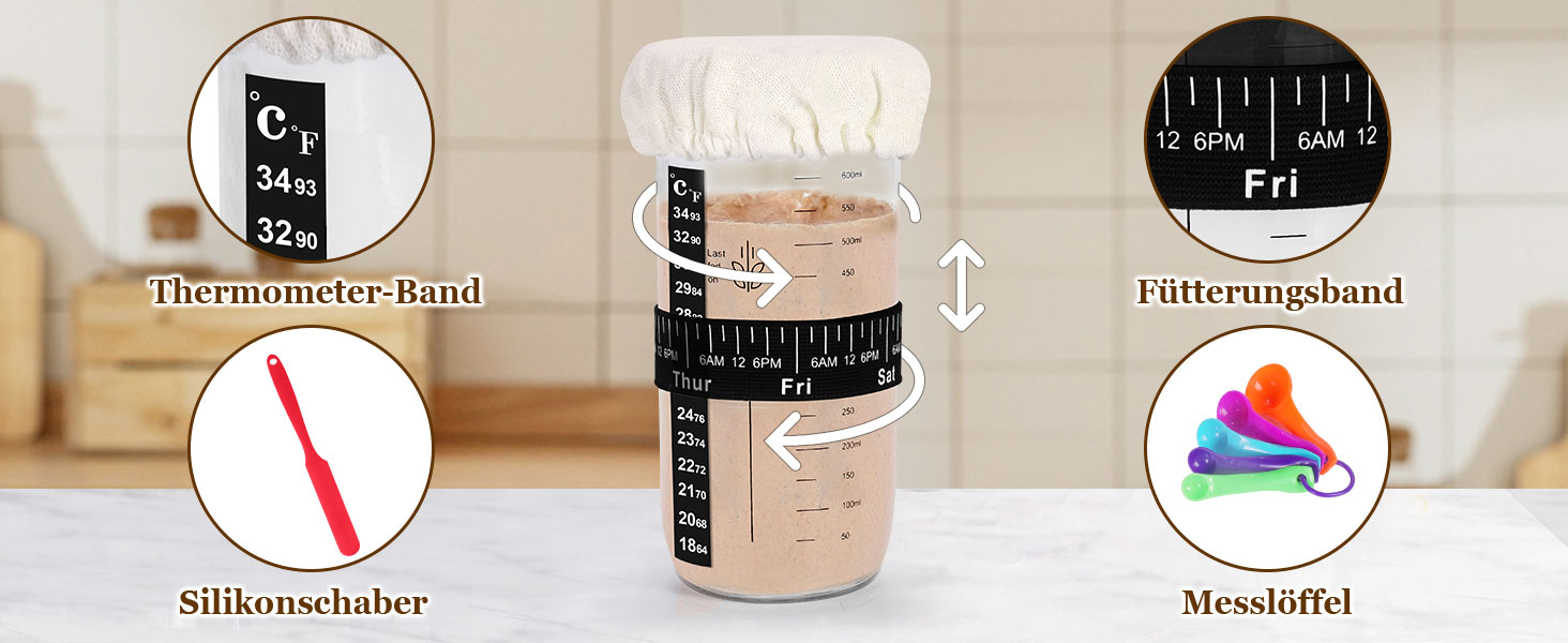 Набір для приготування закваски та випікання хліба SHANNA: корзинка для бродіння, скляна тара, скребок, мішалка, ніж (бамбук, спіральний дизайн)