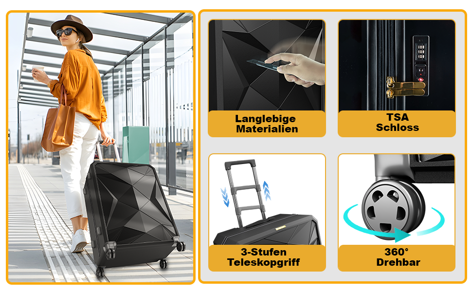 Набір валіз ONAIR 3 шт. (S, M, L) – чорний & золотий. Водовідштовхуюча жорстка оболонка, TSA-замок, тихі колеса, міцний ABS-пластик. Ідеально для подорожей.