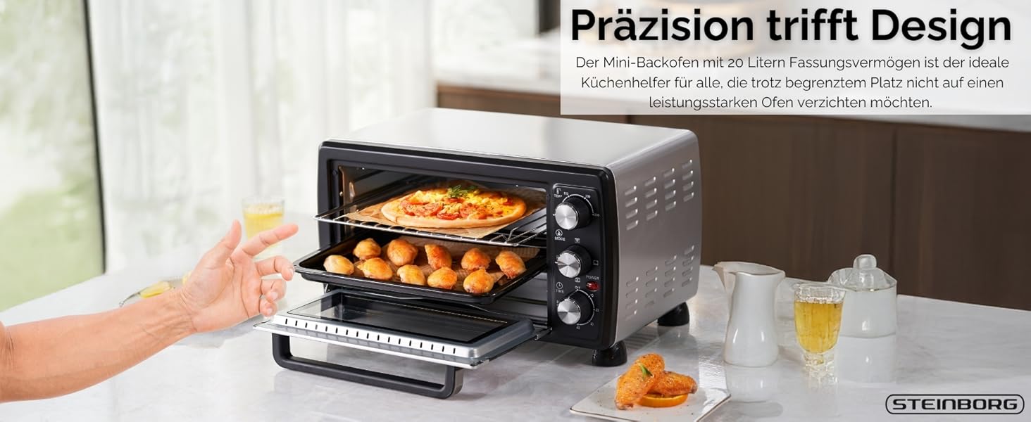 Міні-піч Steinborg® з конвекцією 20 літрів: піч для піци, крихти, конвекція, верхнє та нижнє нагрівання, 1400 Вт, таймер, для кемпінгу або дому