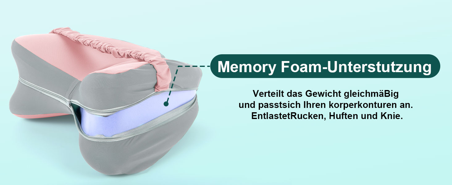 Ортопедична подушка для ніг Dioxide для сну на боці з ефектом пам'яті (Memory Foam) для зняття болю в попереку, колінах та суглобах, знімний чохол, рожева
