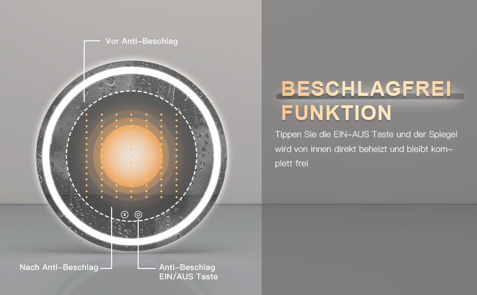 Дзеркало для ванної кімнати Dripex круглої форми з підсвічуванням LED, сенсорне керування, регулювання яскравості, 3 кольори світла, антизапарник, 50x50 см