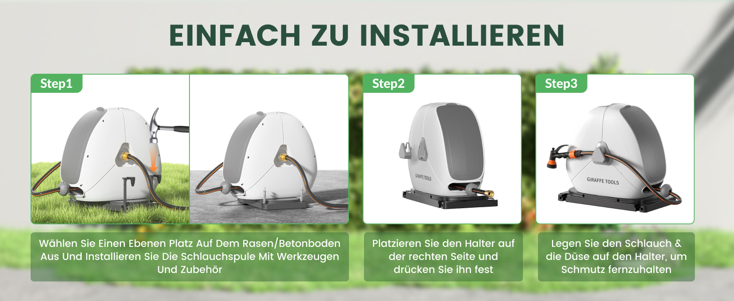 Тросовий барабан для садового шланга Giraffe Tools 25 м з висувною конструкцією, міцною основою, 7-функціональною насадкою та 360° поворотним кріпленням