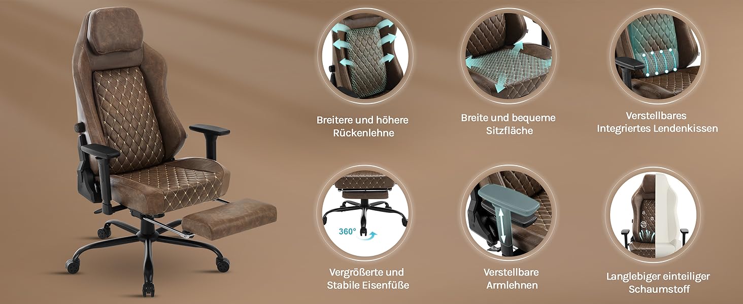 Крісло ігрове WOLTU, офісне ергономічне, з інтегрованим губчастим наповнювачем, підтримкою попереку, підставкою для ніг та підлокітниками, вінтажне, з штучної шкіри та металевим каркасом, коричневе