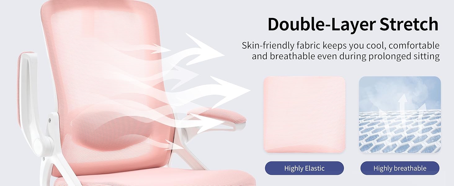 Ергономічне крісло для офісу Fizzin, комп'ютерне крісло з регульованою поперековою підтримкою, дихаюча сітчаста спинка, посилене сидіння, зручне крісло для дому та офісу (рожеве)