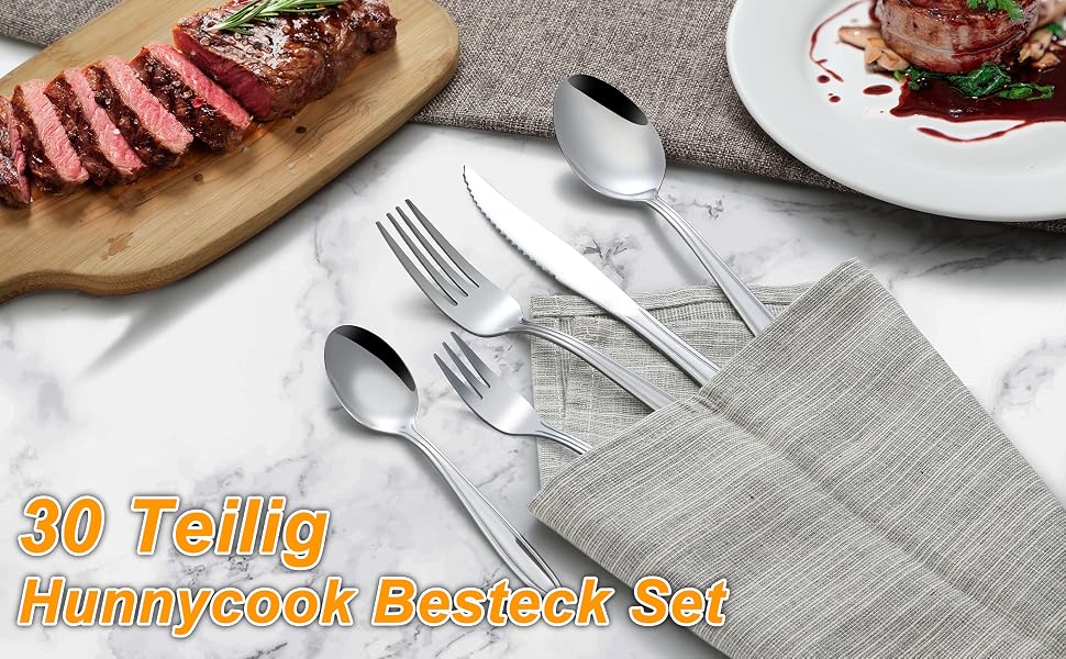 Набір столових приборів Hunnycook 60 предметів з нержавіючої сталі на 12 осіб, з лінійними ручками, сріблястий (включає десертні виделки)