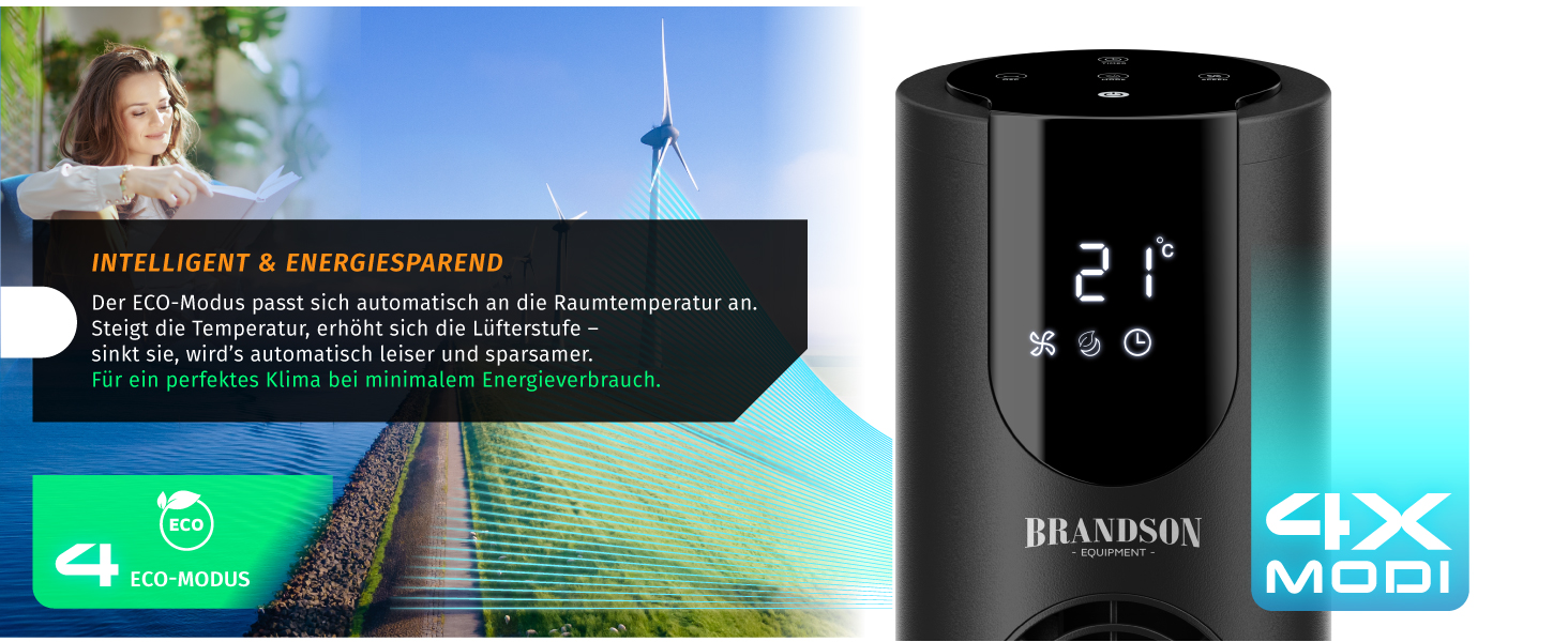 Вентилятор Tower Brandson з Еко DC мотором, 8 швидкостей, таймер, дистанційне керування, енергозберігаючий, преміум-якість