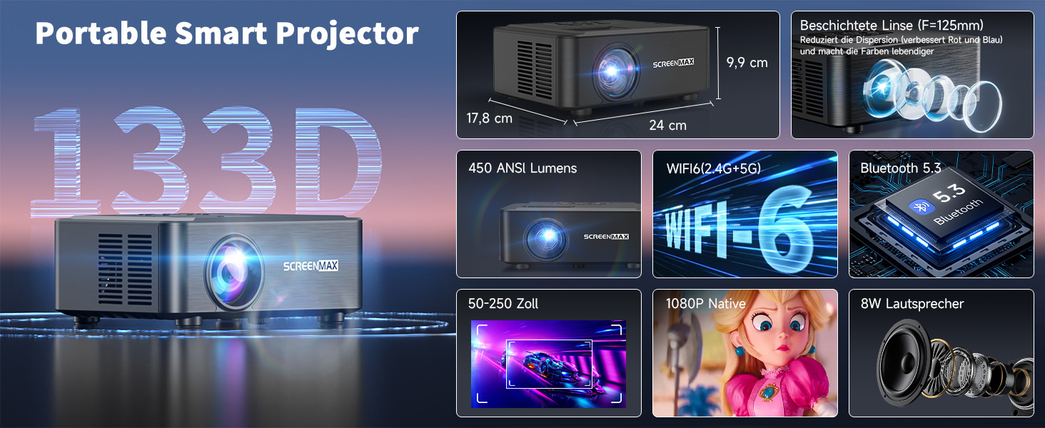 Проектор Beamer для домашнього кінотеатру з Wi-Fi 6 та Bluetooth 5.3, 1080P, 50% Zoom, HDMI/AV/Laptop/iPhone, для використання на вулиці, чорний