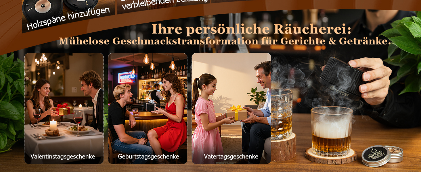 Електричний набір для копчення коктейлів з 4 режимами підсвічування, перезаряджуваний набір для диму з віскі, 6 дерев'яних стружок, без бутану, подарунок на Різдво/День народження для чоловіків, батьків, чоловіків FY01