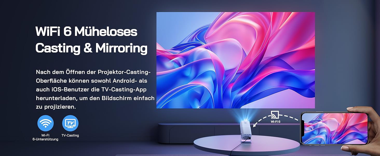 WOLFANG Міні проєктор 4K з Netflix, 26000 люмен, WiFi 6, Smart, 50% Zoom, 180° обертання, сумісний з TV Stick, iOS, Android, PC, PS5, HDMI, AV