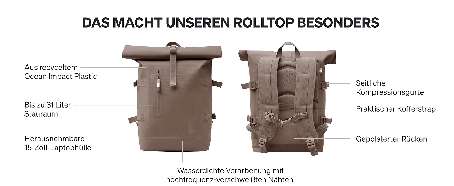 Рюкзак GOT BAG Rolltop з ударного пластику океану Рюкзак для ноутбука водонепроникний зі знімною 15-дюймовою сумкою для ноутбука Рюкзак на колесах об'ємом 31 л (Oyster (монохромний))