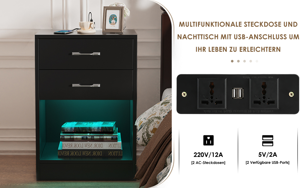 Приліжкові тумбочки Lvhecforhm з USB, LED, 3 шухляди, глянцевий, чорний (набір з 2 шт. )