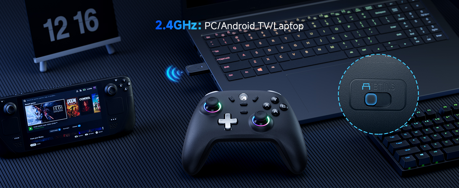 Ігровий бездротовий контролер ECHTPower для PC, Switch, Steam Deck, Android, iOS — RGB підсвітка, Hall-джойстики, Turbo, вібрація, акумулятор 800mAh (Чорний)