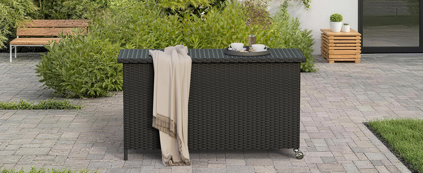 Водонепроникний садовий ящик Amopatio Gartenbox 480л з поліротангу, металевий ящик для подушок на колесах з газліфтом для саду та балкону (чорний)