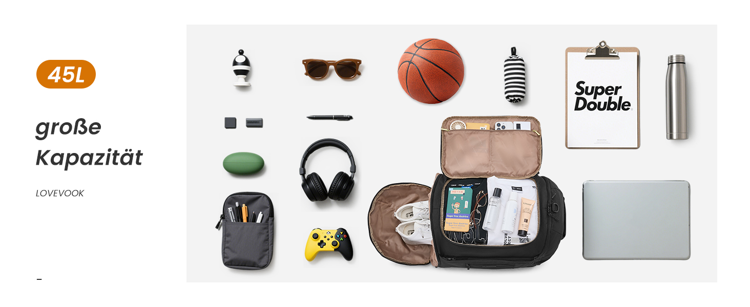 Спортивна сумка LOVEVOOK для жінок та чоловіків, велика сумка для тренувань та подорожей, 45L, з відділенням для взуття та мокрих речей, водонепроникна, з функцією рюкзака, чорна (51x28x32 см)