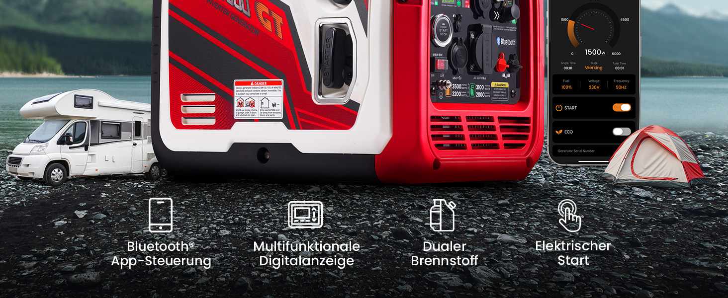 Інверторний генератор maXpeedingrods 2000W: бензиновий, 4-тактний, з USB та 230V, цифровий дисплей, для кемпінгу та подорожей, з App-керуванням (MXR4000GT)