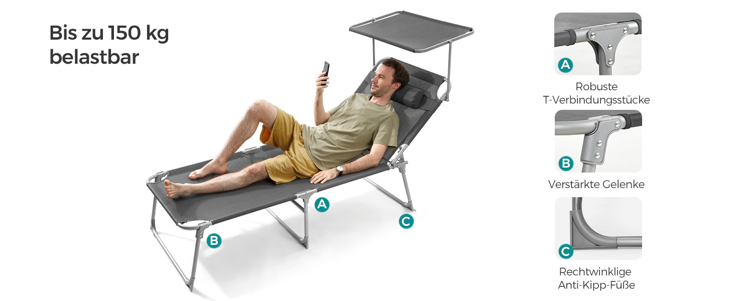 Лежак для відпочинку SONGMICS - великий, складаний, з сонцезахисною козирком та регульованою спинкою, 200 x 71 x 38 см, вантажопідйомність 150 кг, для саду, басейну, тераси, темно-сірий