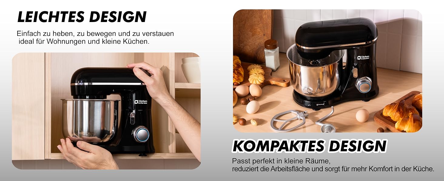 Кухонний комбайн Kitchen in the box Kompakte — планетарний міксер та тістоміс 3.5 л, 10 швидкостей, з насадками (гак, вінчик, міксер), чорний