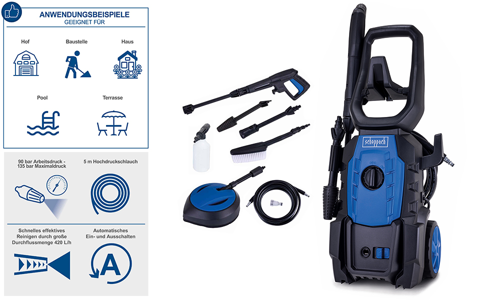 Високотискний мийник Scheppach HPC1600 з 5м шлангом та 7 елементами аксесуарів | 135 бар, 1600 Вт, 420 л/год, алюмінієвий насос, самовсмоктування, Quick-Connect