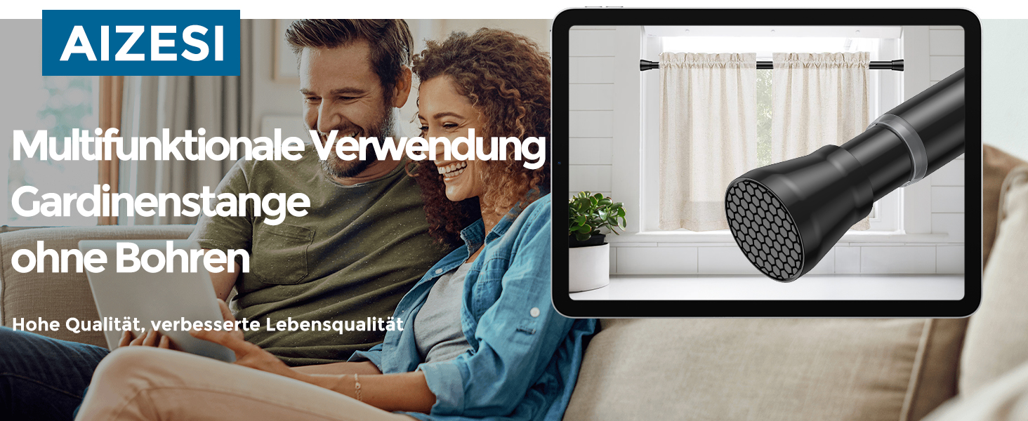 Штанга для штор без свердління AIZESI, 113-197 см, телескопічна, чорна (діаметр 22 мм)