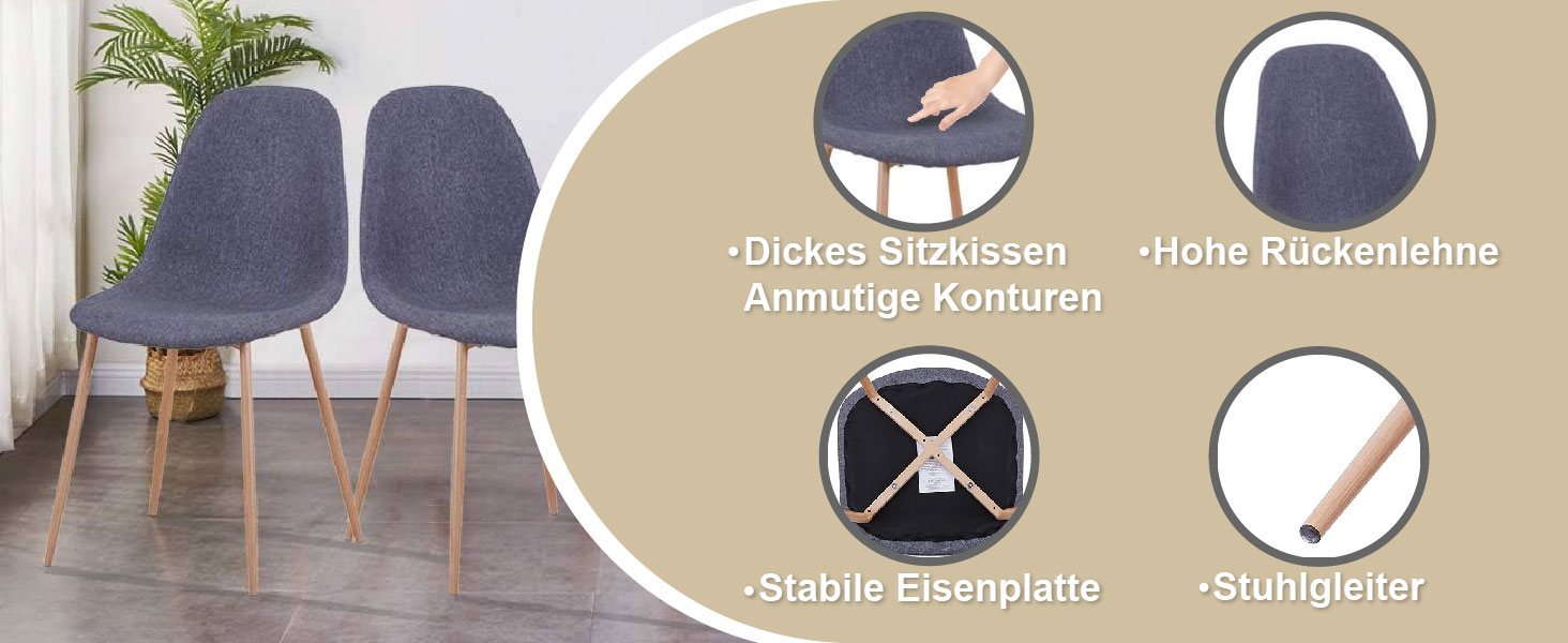 Стілець для їдальні GOLDFAN (4 шт.) з льоновим покриттям, сірий, сучасний дизайн, металеві ніжки