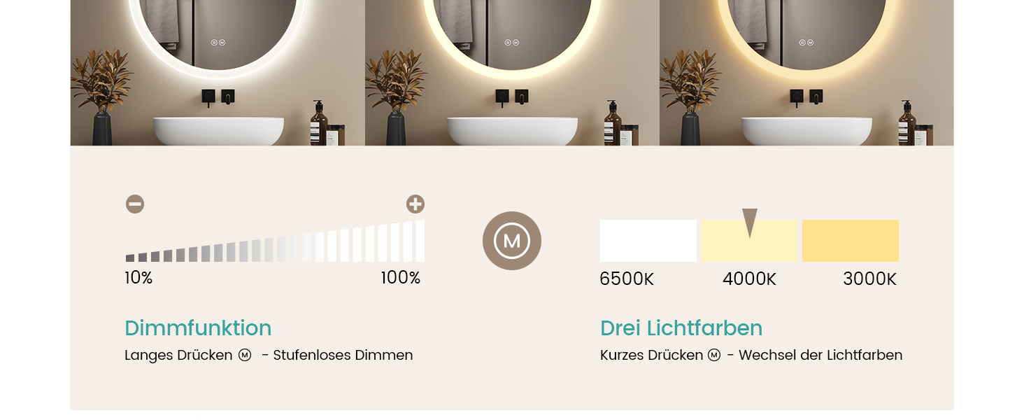 Дзеркало для ванної кімнати EMKE з підсвічуванням, 50 см, кругле, з регулюванням яскравості, 3 кольори світла, антизапарник, сенсорне управління, пам'ять налаштувань, матовий край, 50x50 см