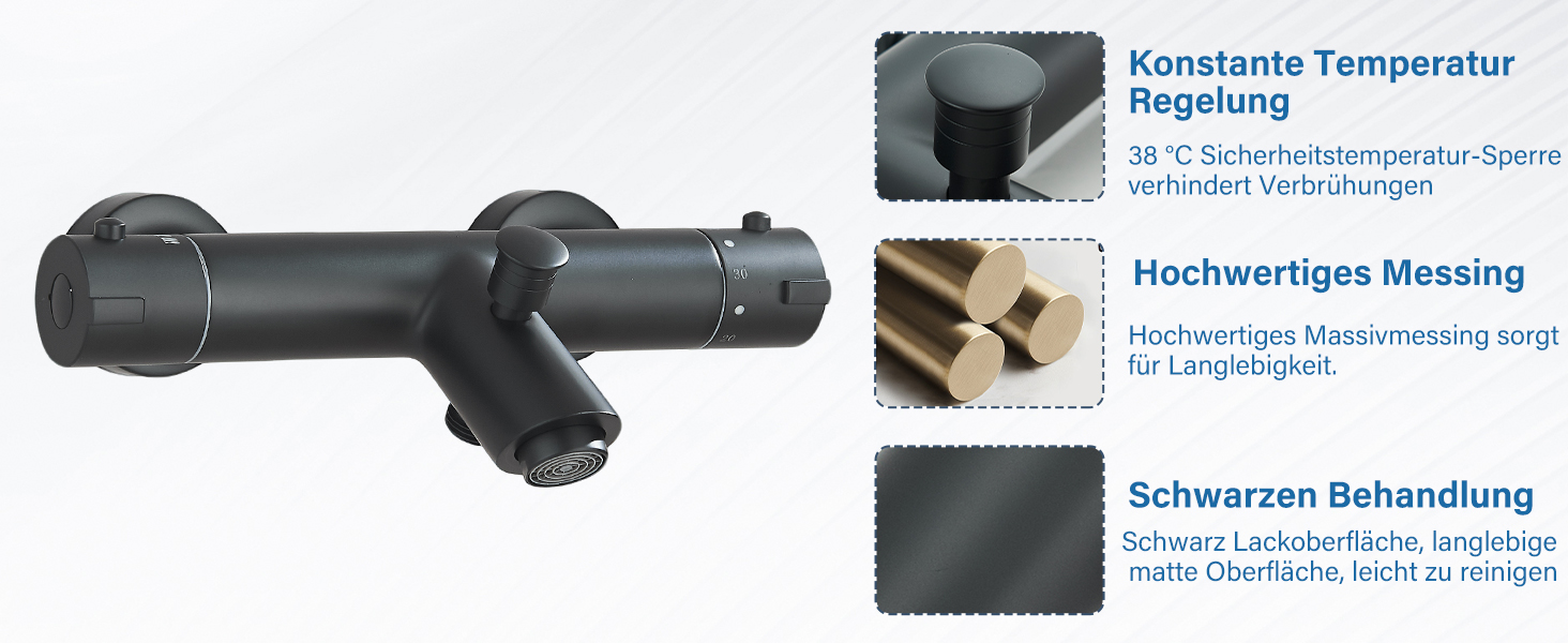 Змішувач для ванни з термостатом, чорний, настінний монтаж - універсальний для ванни та умивальника