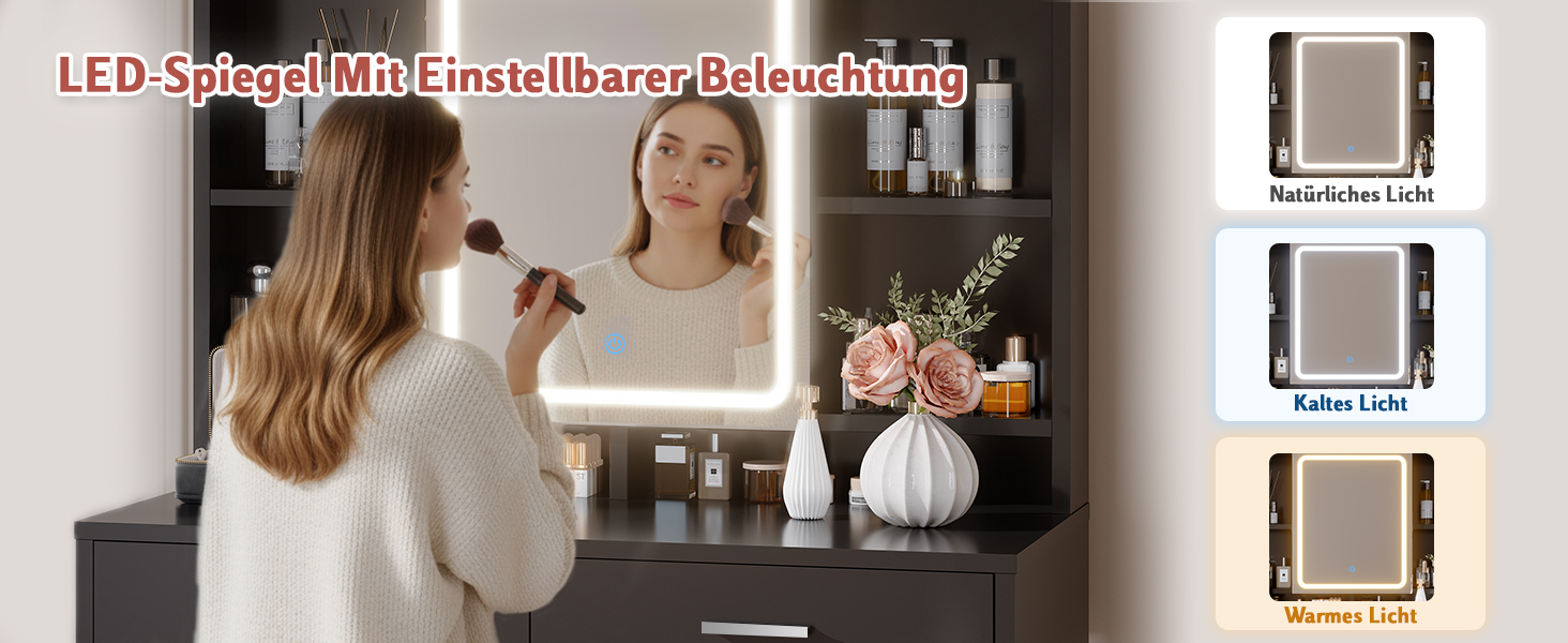 Дзеркальний туалетний столик JUMMICO з LED-підсвічуванням, 2 шухляди, 4 полиці, білий (чорний)