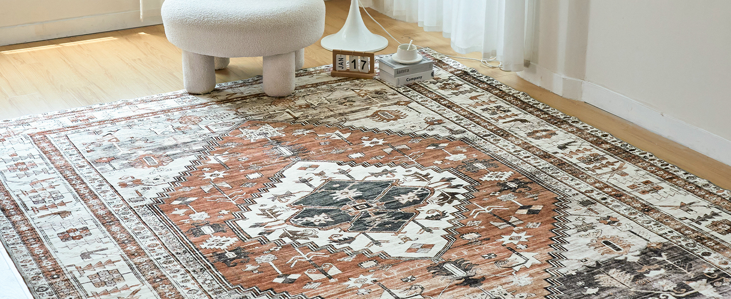 Вінтажний килимок OMERAI Boho 160x230см, короткий ворс, можна прати, східний стиль, помаранчевий, 80x150см