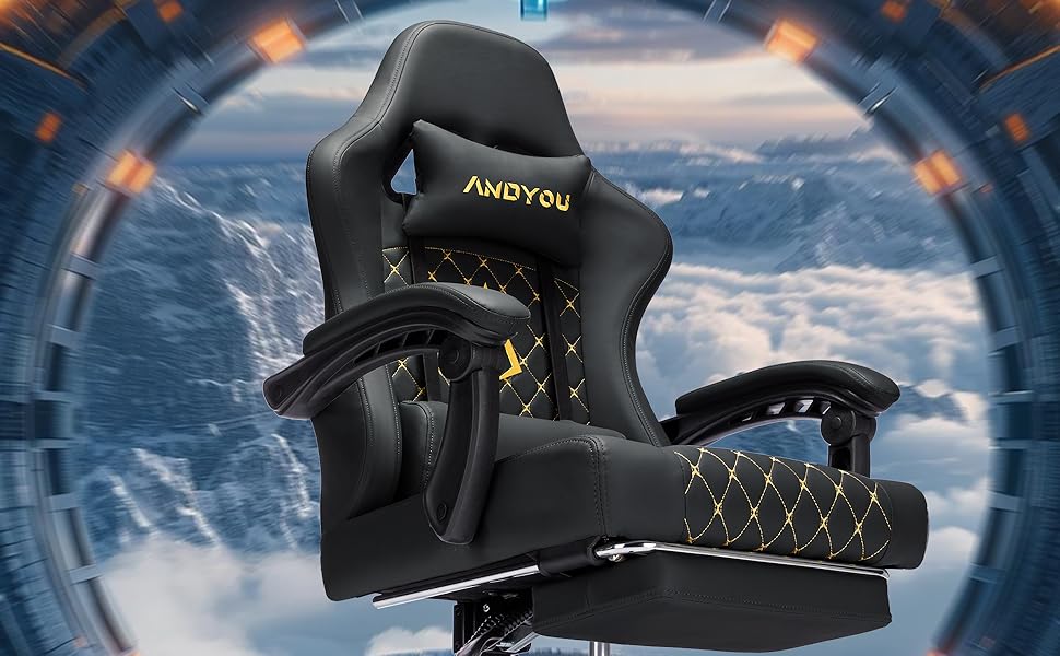 Ігровий крісло Andyou Racing Gamer, ергономічний крісло з підставкою для спини, штучна шкіра, 130 кг, чорний