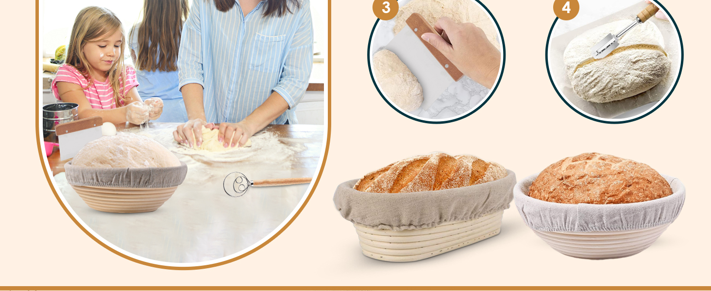 Набір для випікання хліба Yaani: гільзи для бродіння (2 шт.), щітка для тіста, ніж для хліба, 22 см та 25 см