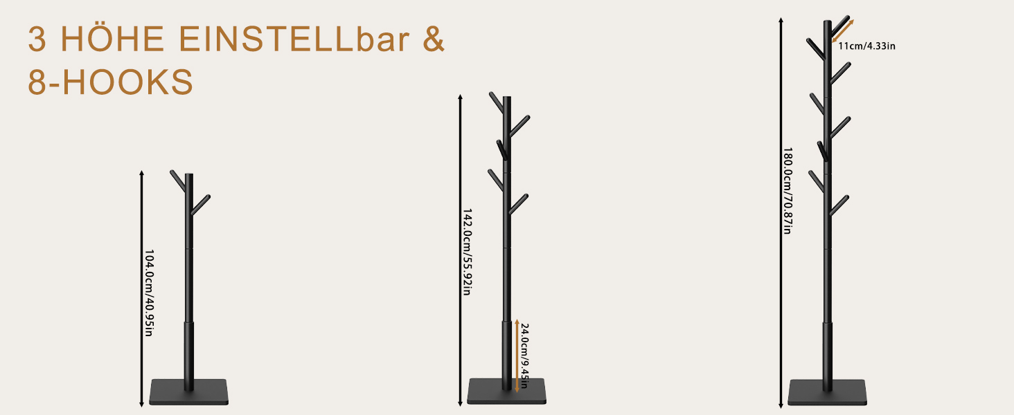 Дерев'яна вішалка для одягу Yawinhe, 180 см, 8 гачків, 3 рівня висоти, чорна