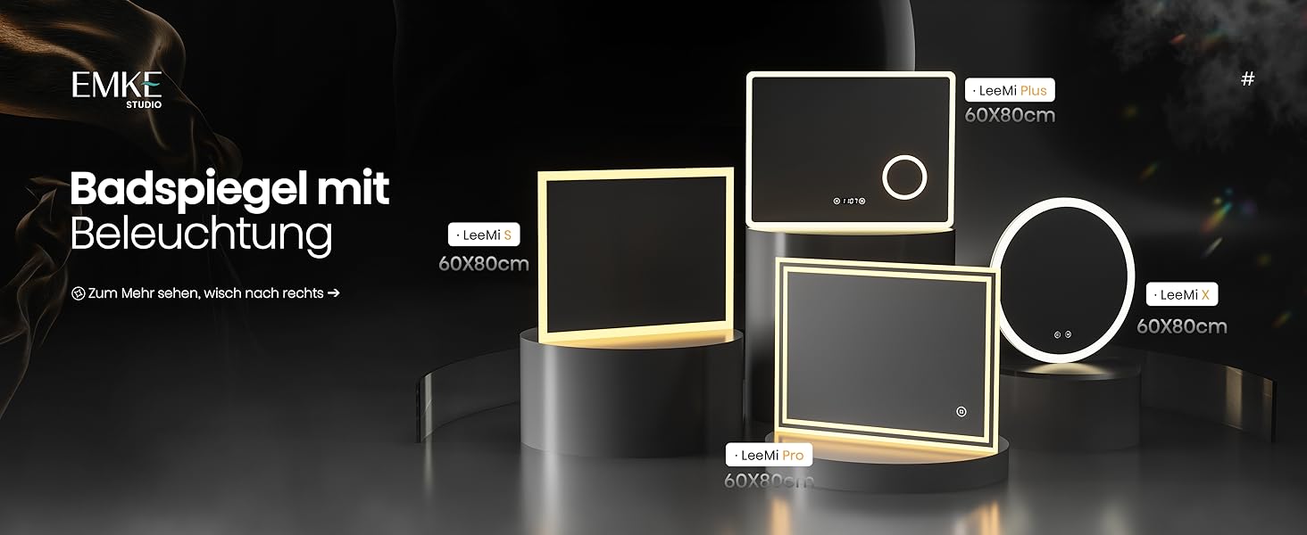 EMKE® LED дзеркало для ванної кімнати 80x60 см з підсвічуванням, сенсорне, регулювання яскравості, протитуманне, 3 кольори світла, годинник, IP44